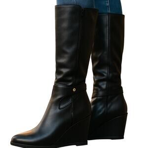 Anne Klein 8.5 Black Women's Zipper Riding Boots Wedge Heel Shoe 8 1/2